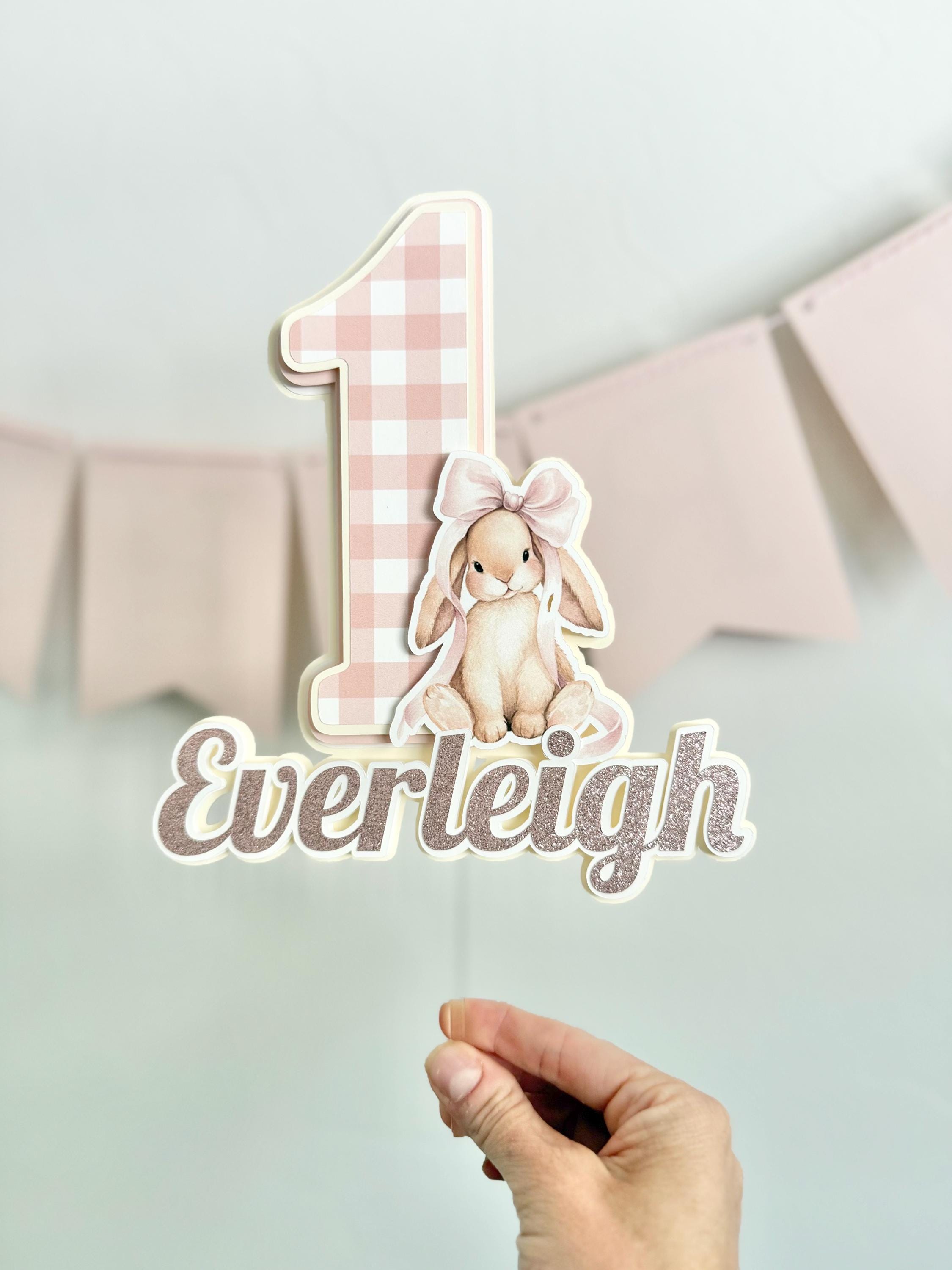 Bunny Cake Topper, Pink Gingham 1st Birthday Decorations, Baby Girl ...