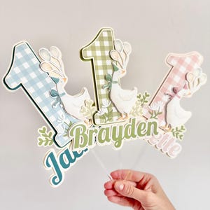 Pu&ograve; includere: Decorazione per torta con tre numeri "1" in motivi a quadretti blu, verdi e rosa. Ogni "1" presenta un'illustrazione di oca, palloncini e vegetazione. Sono inclusi anche i nomi "Jayden", "Brayden" ed "Elie".