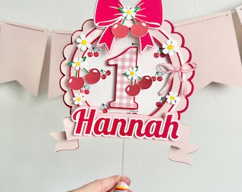 Cherry cake topper, custom birthday cake, cherry on top kids birthday decorations, pink gingham