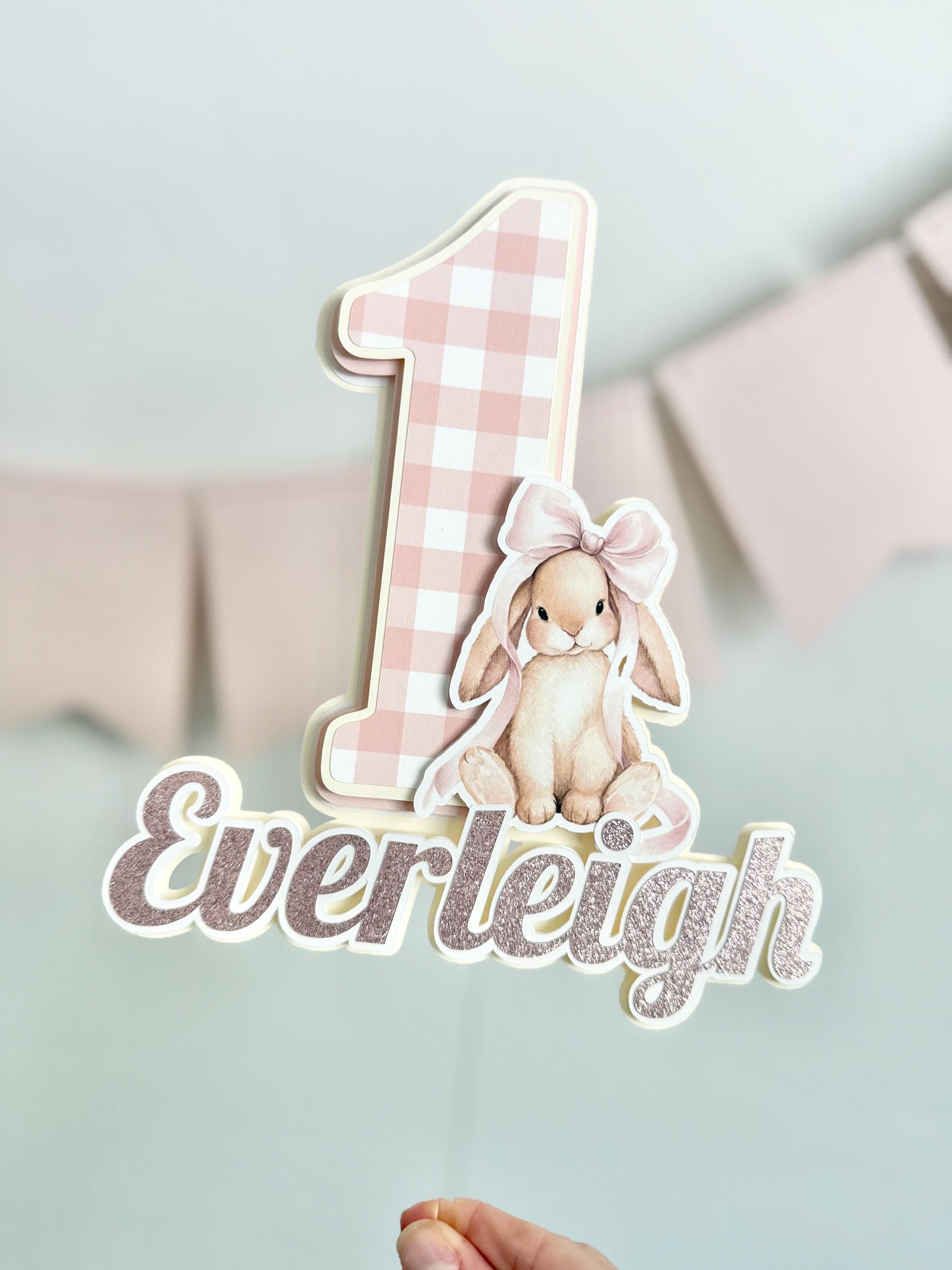 Bunny Cake Topper, Pink Gingham 1st Birthday Decorations, Baby Girl ...
