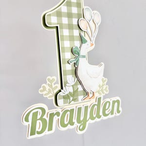 Pu&ograve; includere: Topper per torta a strati per un primo compleanno. Il numero "1" &egrave; in un motivo a quadretti verdi e bianchi, con un'oca dei cartoni animati con un cappello da festa e palloncini. Il nome "Brayden" &egrave; scritto in verde.