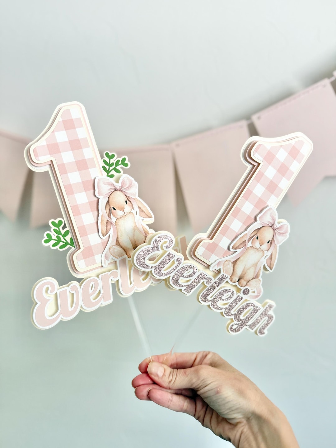 Bunny Cake Topper, Pink Gingham 1st Birthday Decorations, Baby Girl ...