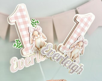Bunny Cake Topper, pink gingham 1st birthday decorations, baby girl birthday, rabbit theme party, hop in to one, some bunny is one