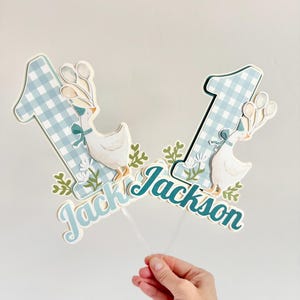 Pu&ograve; includere: Due decorazioni per torte con il numero "1" in un motivo a quadretti blu e bianco. Ogni decorazione presenta un'oca con un fiocco, palloncini e il nome "Jack Jackson" in corsivo turchese. Le decorazioni sono tenute da una mano.