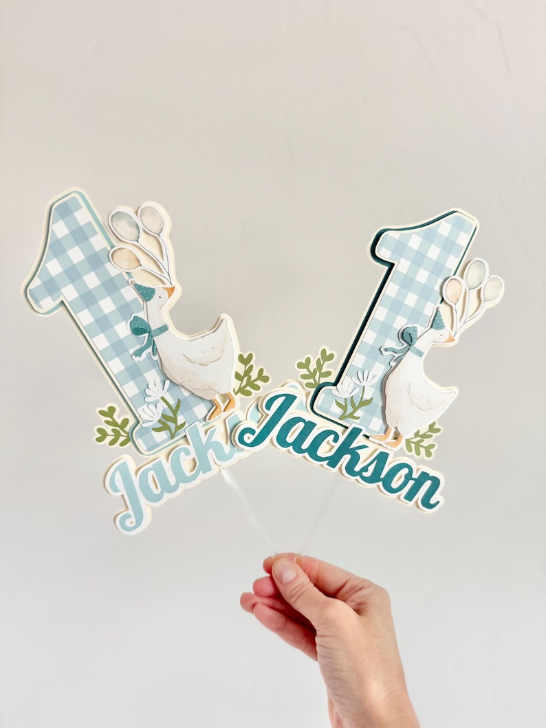 Pu&ograve; includere: Due decorazioni per torte con il numero "1" in un motivo a quadretti blu e bianco. Ogni decorazione presenta un'oca con un fiocco, palloncini e il nome "Jack Jackson" in corsivo turchese. Le decorazioni sono tenute da una mano.