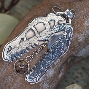 Dinosaur raptor skull necklace real bone fossil sterling silver handmade
