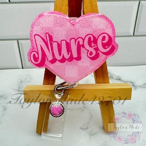 Barbie-Inspired Glitter Pink Heart Nurse Badge Reel - Cute Retractable ID Holder for Nurses, Nurse gift, Barbie