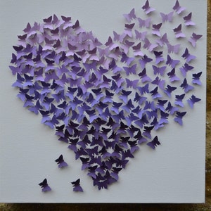 Ombre 3d butterfly wall art/Butterfly heart wall decor/3d butterfly canvas/Purples and Lilac butterflies/Heart/Mothers Day/Valentine