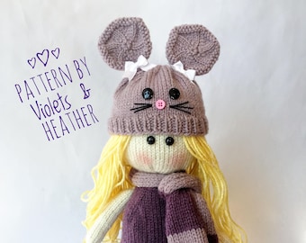KNITTING PATTERN for Kennedy Knit Doll, Instant PDF pattern download. Amigurumi Pattern. Violets and Heather
