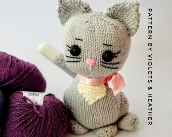 KNITTING PATTERN for Sitting Pretty Knit Kitten, Knit Amigurumi Pattern. Instant PDF Pattern Download. Violets and Heather Cat Pattern