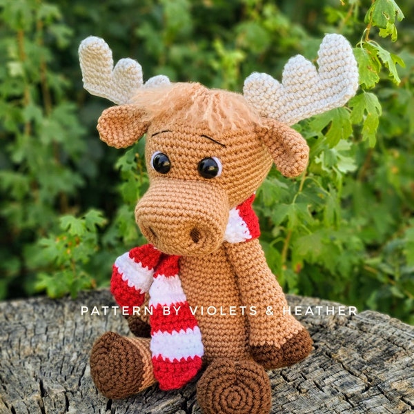 CROCHET PATTERN for Cute Moose with a Scarf. Crochet Moose Pattern, Instant PDF Download. Amigurumi. Cute Crochet Pattern. VioletsandHeather