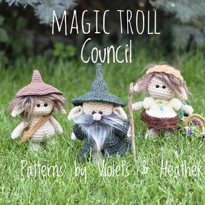 MOTIFS AU CROCHET pour le Conseil des Trolls Magiques. Motifs amigurumi sorcière haie, sorcier des bois et guérisseur magique. Offre groupée au crochet à prix réduit.