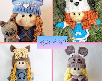 Together is Better! KNITTING PATTERNS. Package of 4 Doll Patterns, instant PDF downloads.  Knit Dolls with Cute Hats. Amigurumi Patterns