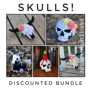 May include: A discounted bundle of crochet skull patterns. The bundle includes a cow skull, a human skull with flowers, a skull with a candle, and a deer skull. The patterns are available for purchase on Etsy.