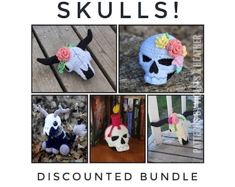 May include: A collection of five crocheted skull items including a bull skull with flowers, a human skull with floral accents, a deer-like creature, a skull with a candle on top, and another bull skull. The text reads SKULLS! DISCOUNTED BUNDLE.