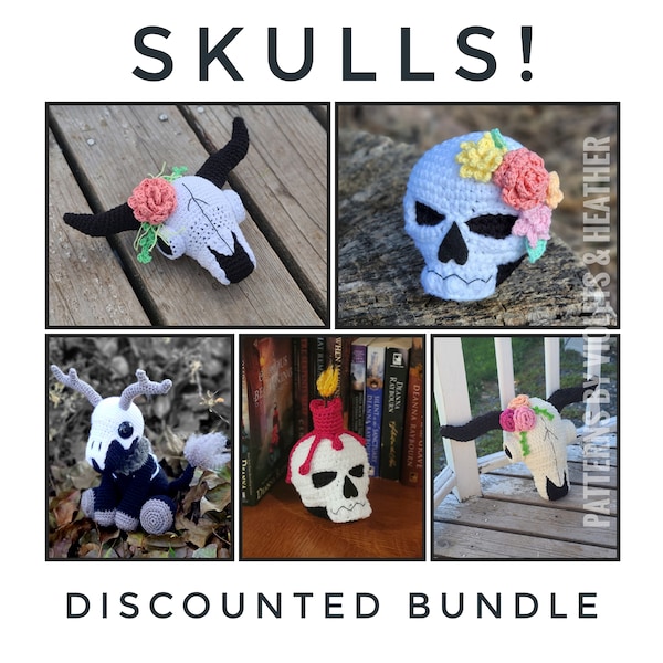 CROCHET PATTERNS for Skulls! Discount bundle for multiple skull crochet patterns. Skull and Roses, Little Cryptid & Desert Rose Cow Skulls.