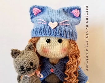 KNITTING PATTERN for Katrina Knit Doll & her Kitten, Instant PDF Pattern Download. Amigurumi Pattern. Violets and Heather