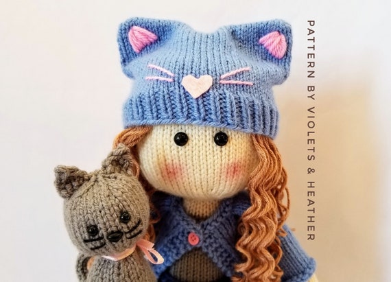 Knitting Pattern For Katrina Knit Doll Her Kitten Instant Pdf Pattern Download Amigurumi Pattern Violets And Heather