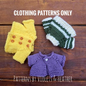 May include: Image of three knitted clothing items: a yellow pair of mittens with orange buttons, green and white striped fingerless gloves, and a purple cardigan with a white button. The text "CLOTHING PATTERNS ONLY" and "PATTERNS BY VIOLETS & HEATHER" are visible.