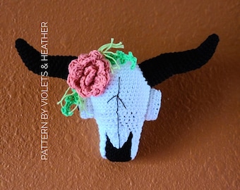 CROCHET PATTERN for Desert Rose Cow Skull, Wall Hanging Decoration, Southwest Decor, Unique Crochet, Instant PDF Download by Heather Kumpf