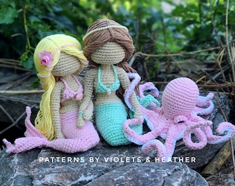 CROCHET PATTERNS for Mermaids and Octopus. Amigurumi mermaids with pet octopus Bundle Deal. Ocean life crochet patterns. Instant PDF Downoad