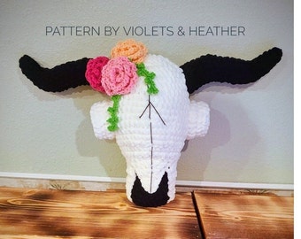 CROCHET PATTERN for Desert Rose Skull Pillow, Southwest Decor, Unique Crochet, Plush Cow Skull Decoration, Instant Download Heather Kumpf