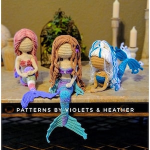 Oceanisk sjöjungfrukollektion. VIRKMÖNSTER för 3 sjöjungfrur. Amigurumi sjöjungfrumönster. Söta dockmönster. Rabatterade paketmönster.
