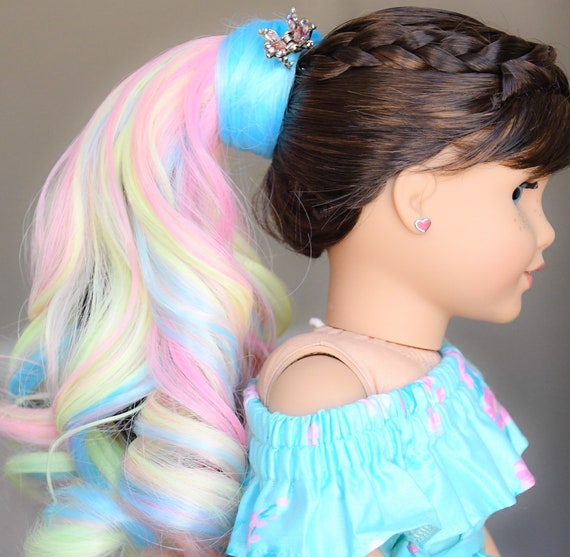 Custom Clip In Ponytail With Wrap Around Band Pastel Dream Rainbow Heat Safe Exquisite Doll Designs Original Fits American Girl More