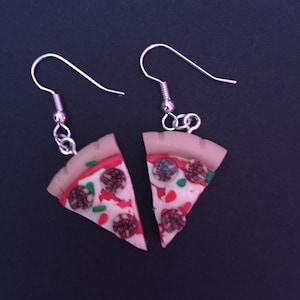Pizza earrings, fun, kitsch fake food pizza earrings, pepperoni slice pendant