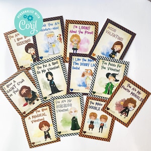 May include: A set of 10 printable Valentine's Day cards featuring Harry Potter characters and themes. The cards have a striped background and feature various characters and quotes from the Harry Potter books and movies. The cards are perfect for kids and adults who love Harry Potter.