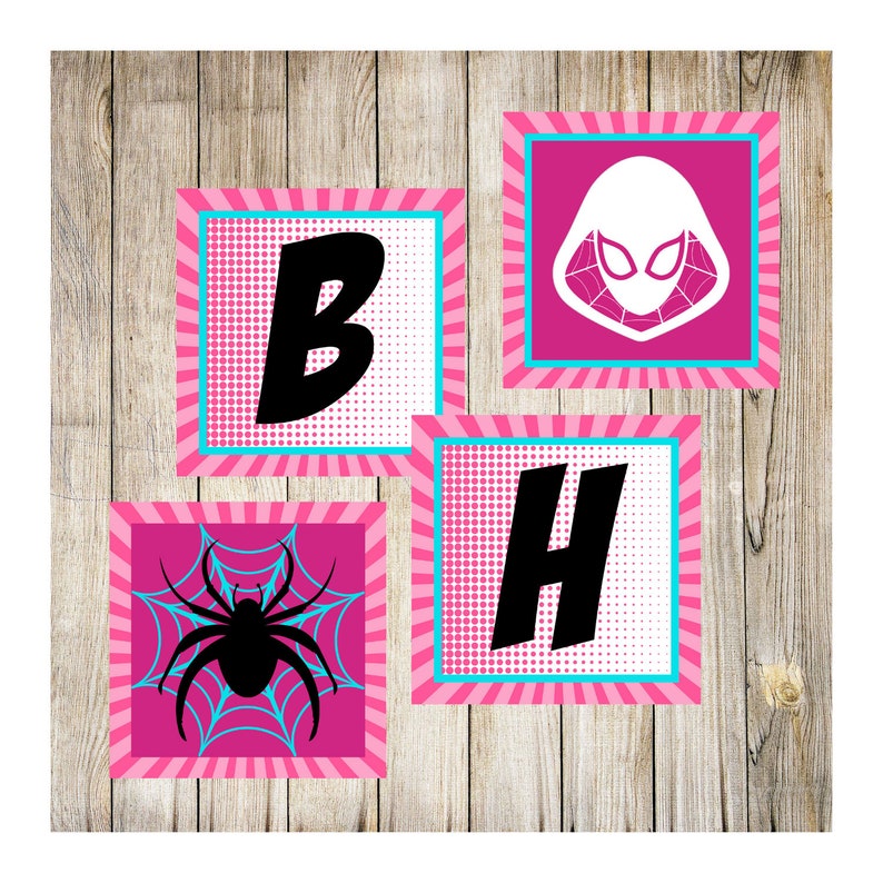 Pode incluir: Uma faixa rosa e azul com as letras "B" e "H" em preto, uma teia de aranha preta com uma aranha no centro e uma silhueta branca de uma figura mascarada com um desenho de teia de aranha.