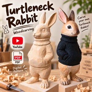 May include: Two wooden rabbit figurines, one unfinished and one painted, wearing turtlenecks. Text includes "Turtleneck Rabbit," "Woodcarving," "YouTube," "PDF," "Digital Pattern," and "Carve your own Turtleneck Rabbit!" with wood shavings nearby.