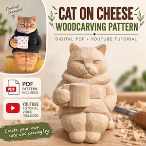 May include: A woodcarving pattern for a cat holding a mug, featuring a digital PDF and YouTube tutorial. The image displays a finished painted cat figurine in a black hoodie and an unfinished carved wooden cat figurine holding a plain mug.