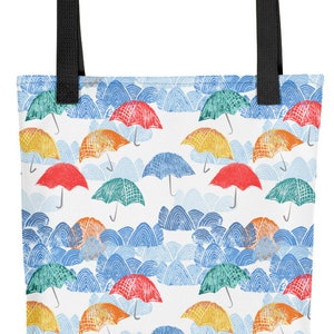 Umbrella Spring tote bag, shopping bag, beach bag, umbrella, weather, nature, clouds, spring, block print, outdoors, sky, tote, bag
