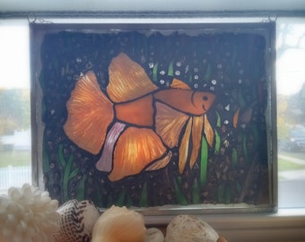 Siamese Fish Mosaic, Betta Fish Stained Glass, Decorative Tiles, Framed Picture, Excellent Gift