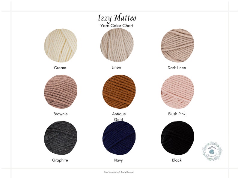 Pu&ograve; includere: Una tabella colori di filato di Izzy Matteo che mostra nove colori di filato. I colori includono crema, lino, lino scuro, marrone, oro antico, rosa blush, grafite, blu navy e nero. La tabella &egrave; una guida utile per la selezione dei colori del filato.