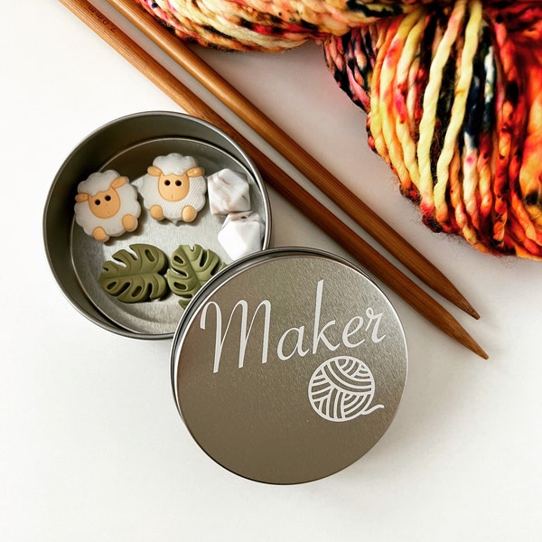 Notion tin | LARGE MAKER TIN | Stitch marker holder | Knitting notions holder | Travel notions tin | Gift for knitters | Round tin container