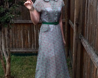 1940s Sheer Purple and Green Dress w/ Peter Pan Collar and Rhinestone Buttons