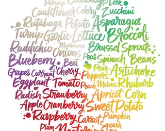 May include: A rainbow-colored word cloud of various fruits and vegetables. The words are arranged in a circle, with the colors transitioning from purple to red to orange to yellow to green to blue. The words include: Parsnip, Cabbage, Leek, Cauliflower, Celery, Zucchini, Rutabaga, Potato, Asparagus, Turnip, Garlic, Lettuce, Broccoli, Radicchio, Onions, Brussel Sprouts, Blueberry, Beet, Peas, Spinach, Beans, Grapes, Currant, Cherry, Peppers, Artichoke, Eggplant, Tomato, Peach, Melons, Rhubarb, Radish, Strawberry, Apricot, Corn, Apple, Cranberry, Sweet Potato, Raspberry, Carrot, Pumpkin, Plum, Nectarine, Squash.