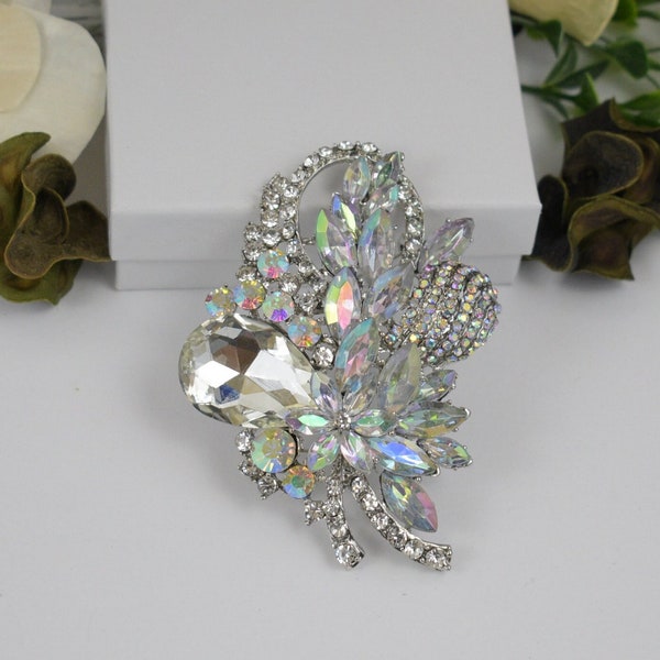 Aurora Borealis Rhinestone Silver Brooch, AB Crystal wedding brooch Bridal brooch wedding cake accessories, clutch brooch pin, broach pin