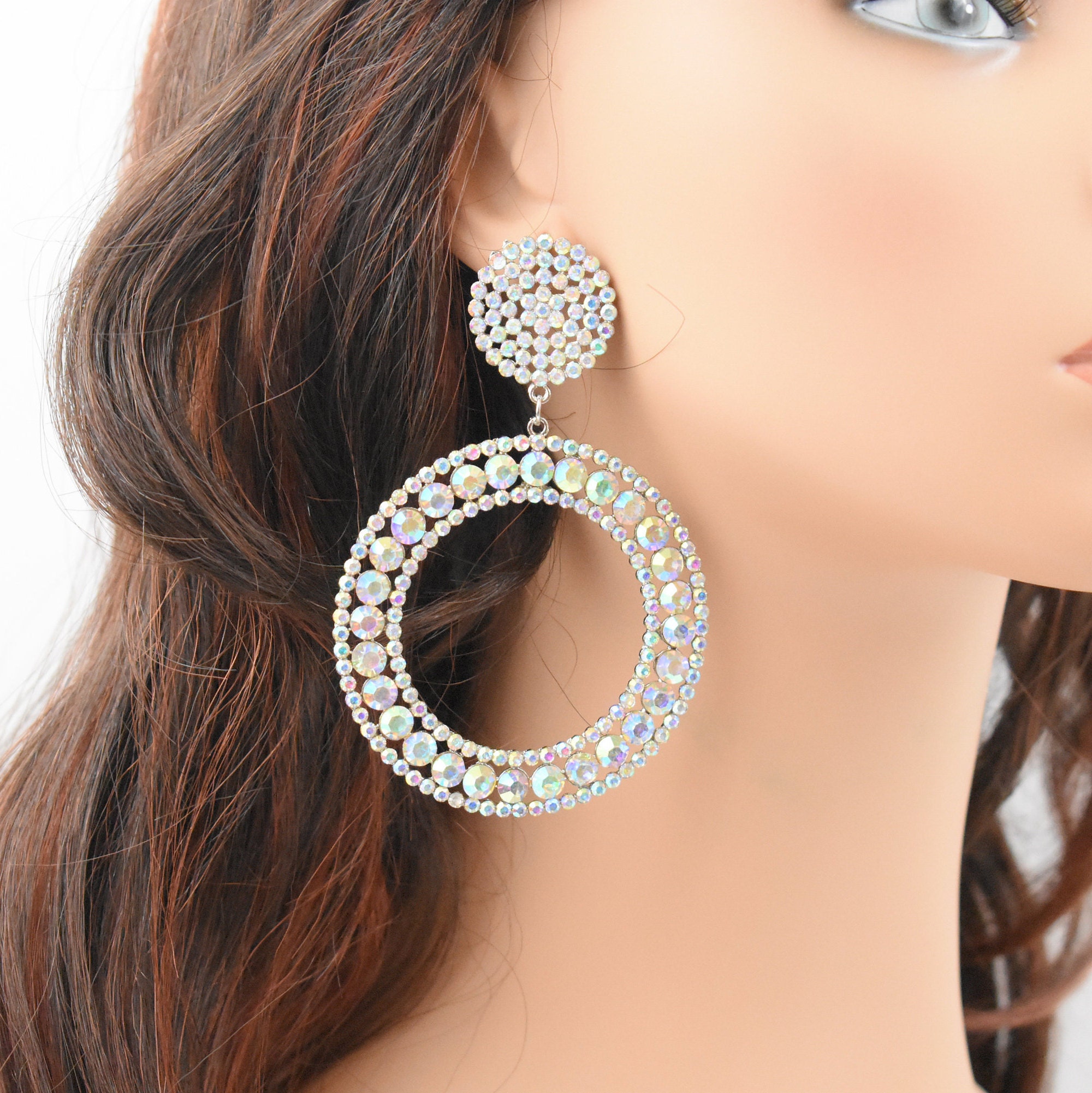 Silver AB Crystal Extra large Hoop earrings AB rhinestone Etsy