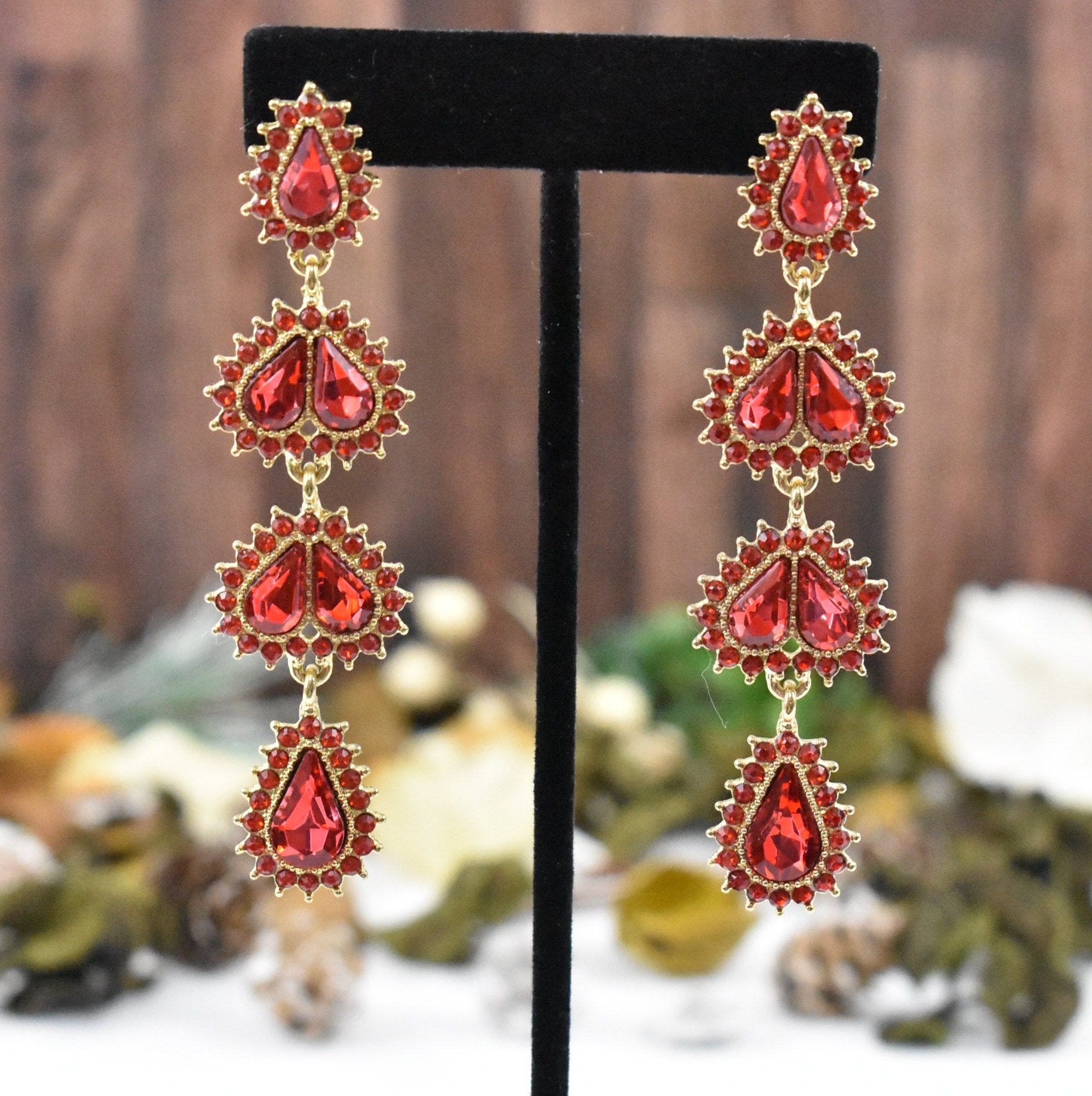Red chandelier earrings Red Crystal earrings Chunky Etsy
