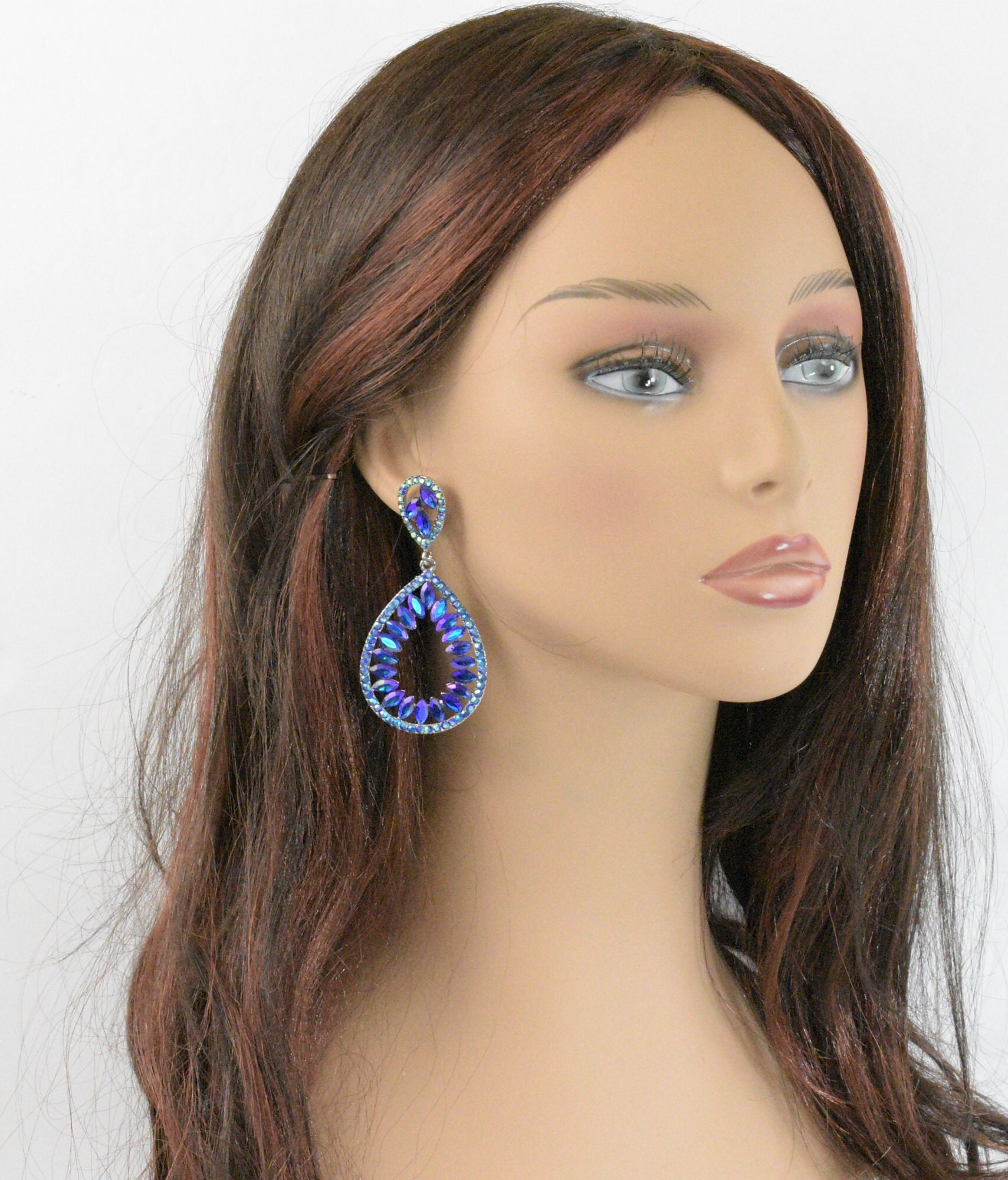 Royal Blue Ab/silver Pageant Prom Earrings Crystal Dangle Etsy