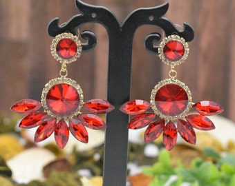 Red chandelier earrings, Red Crystal earrings, Chunky chandelier earrings, Red Wide Chunky earrings, Red rhinestone crystal earrings