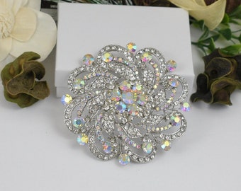Gran AB & Clear Rhinestone flor nupcial boda ramo broche pin, broche de tono plateado, broche de faja, broche de vestido de novia