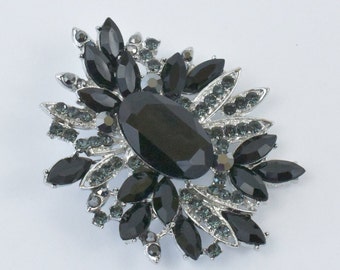 Black rhinestone/Silver Base Brooch, Broach, Crystal Black Brooch, Black Dress Sash Broach, Black Bridal Brooch, Rhinestone Back Brooches