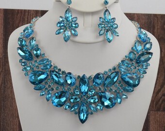 Aqua rhinestone necklace, bib statement necklace aquamarine crystals, light blue rhinestone necklace, aqua pageant necklace and earrings