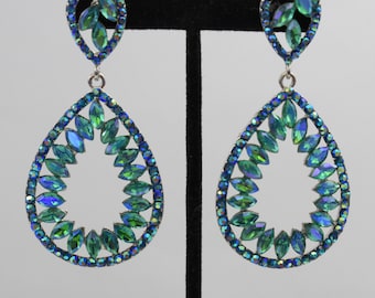 Boucles d'oreilles bleu et vert pour reconstitution historique, boucles d'oreilles de mariée en cristal, boucles d'oreilles de demoiselle d'honneur, boucles d'oreilles fantaisie, grandes boucles d'oreilles bleues larges