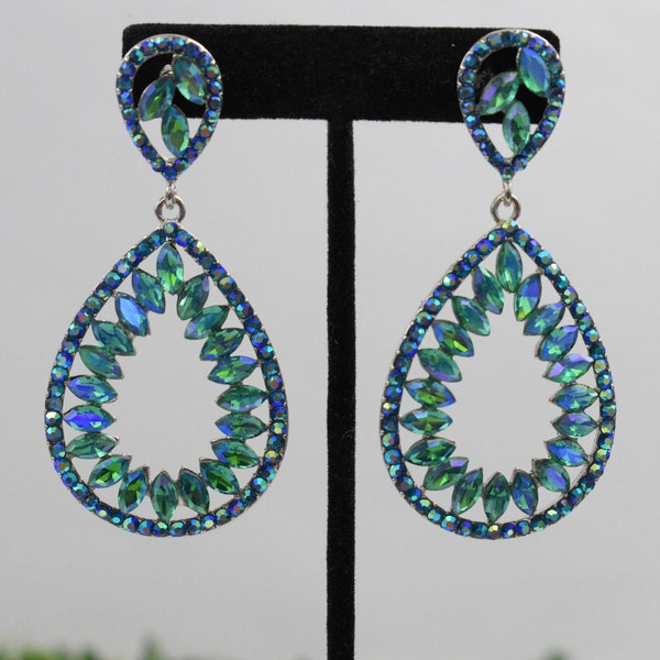 Blue & Green AB/Silver Pageant Prom Earrings, Crystal Dangle Bridal Earrings, Bridesmaid Earrings Costume Earrings, Large Wide Blue Earrings