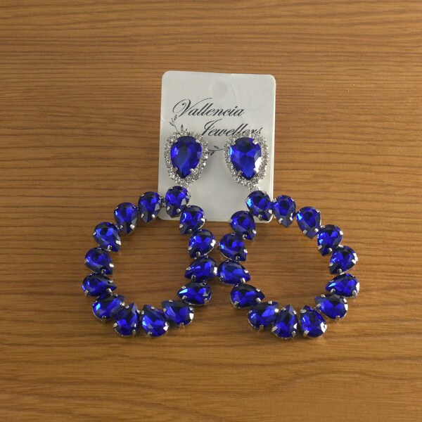 Royal Blue & Clear/Silver Base rhinestone hoop earrings, prom pageant hoops, large earrings, oversized pageant hoops, Bridal statement hoops